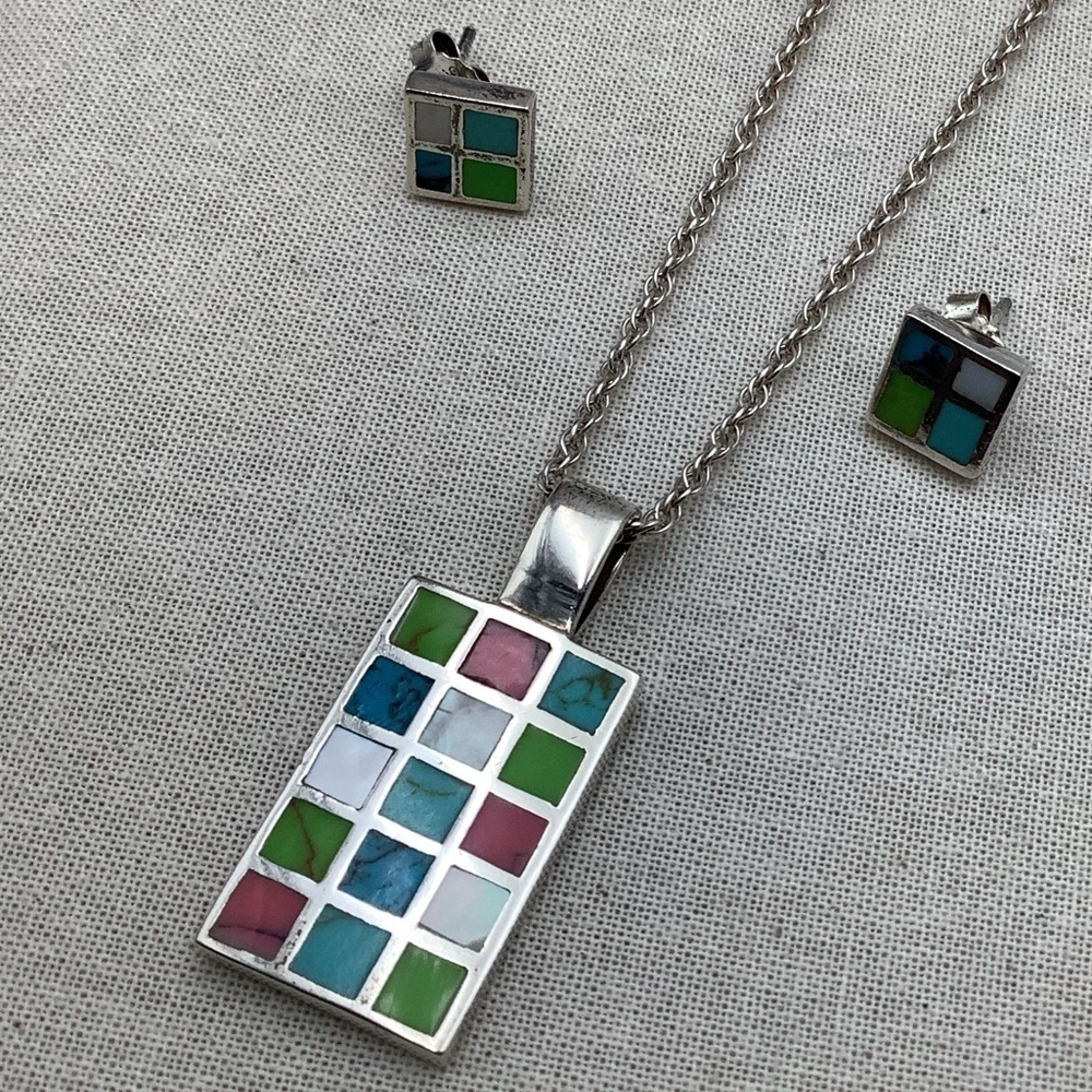😎40%off Vintage Sterling Silver Geometric Mosaic Necklace and Earrings Set #5STN